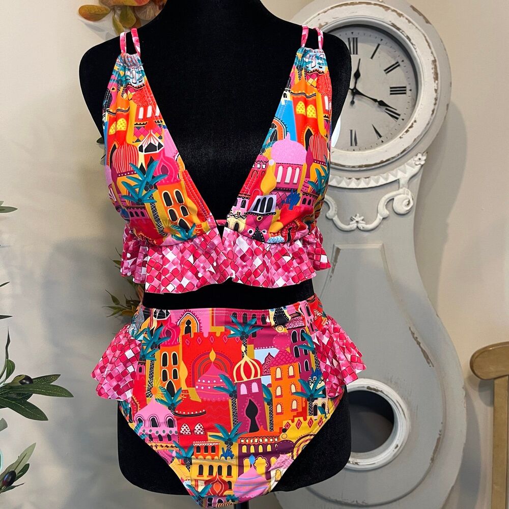 Sporlike High Waisted Ruffle Bikini Set - Vibrant Scenic Print NWT Size L